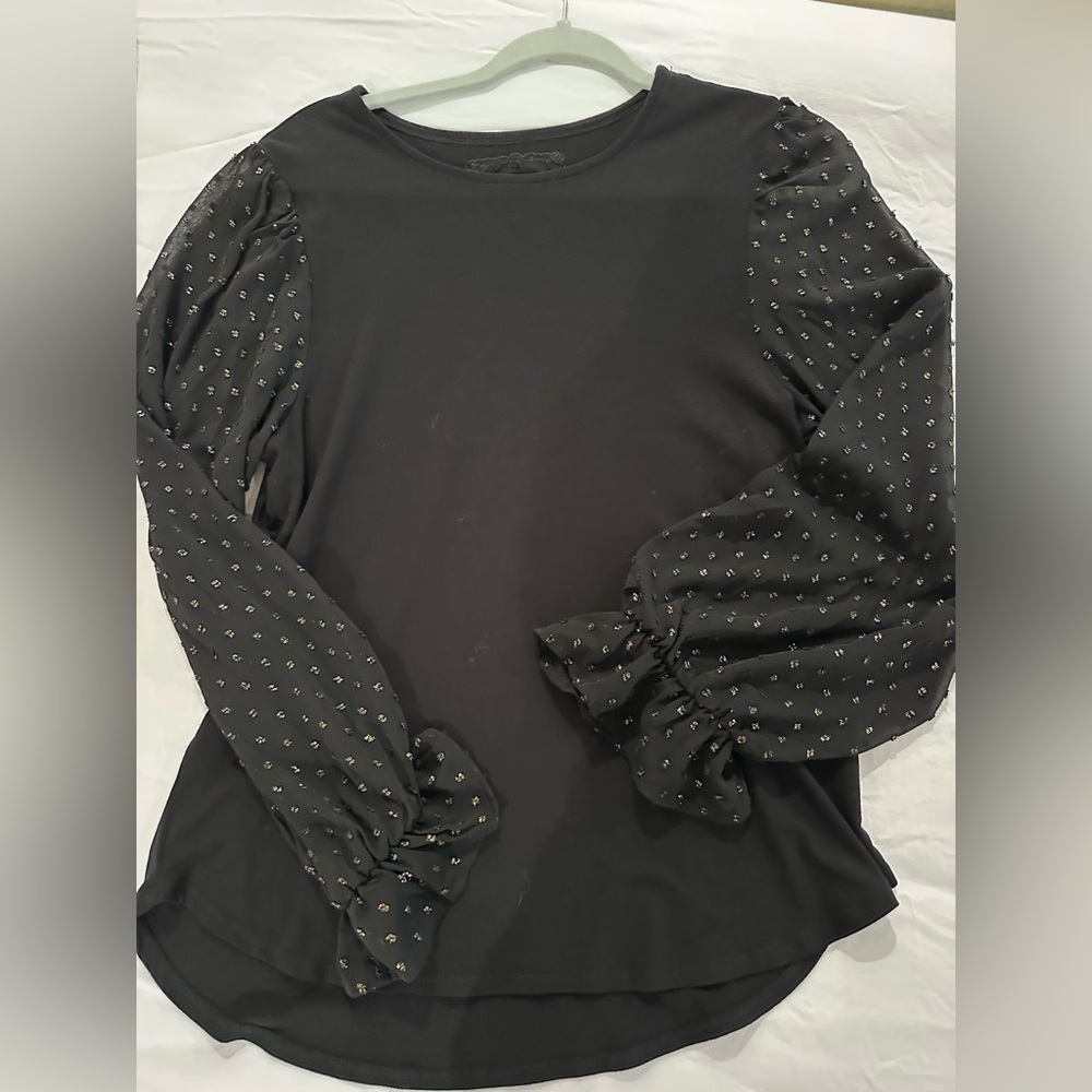 Cupio Black Blouse with Sheer Embellished Sleeves